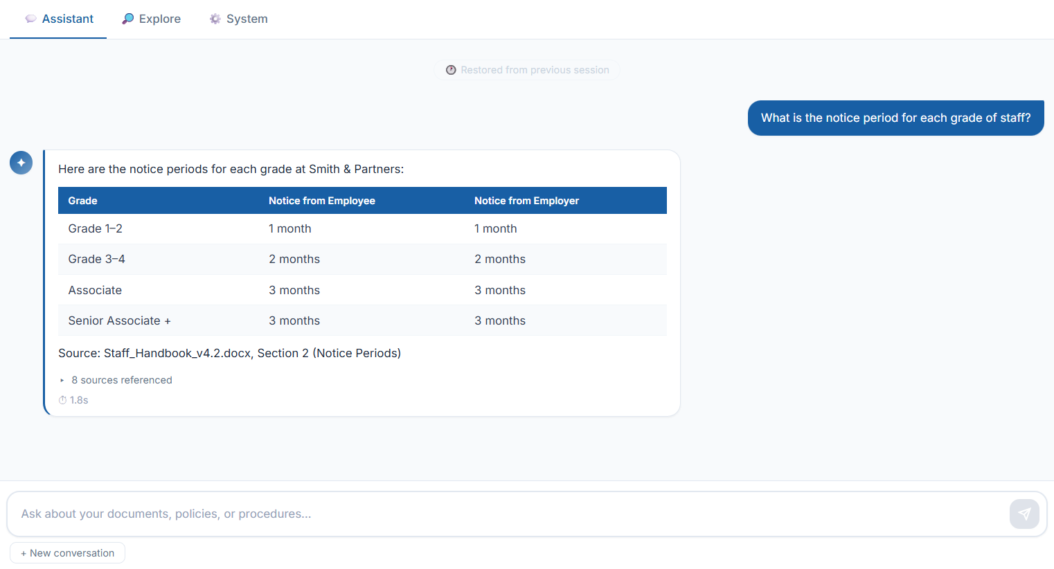 Weld AI answering a question about notice periods, showing a formatted table with source citation